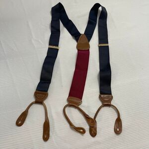 Trafalgar Vintage Navy Blue Red Suspenders Brown Leather Braces
